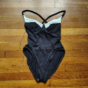 90s Vintage Black One Piece Bathing Suit With White Accents 8 Medium Swimsuit